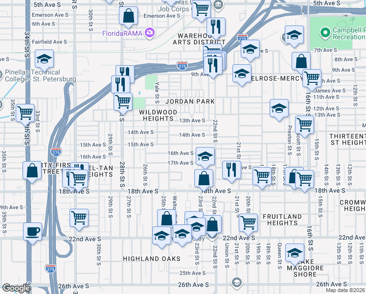 map of restaurants, bars, coffee shops, grocery stores, and more near 2400 15th Avenue South in St. Petersburg