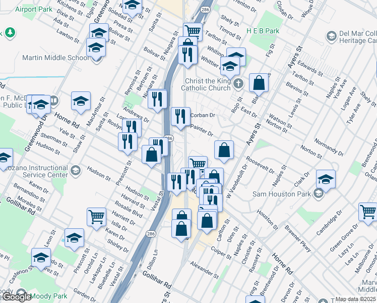 map of restaurants, bars, coffee shops, grocery stores, and more near 3908 Crosstown Expressway in Corpus Christi