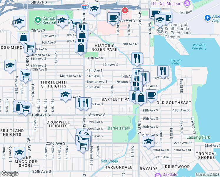 map of restaurants, bars, coffee shops, grocery stores, and more near 712 15th Avenue South in St. Petersburg