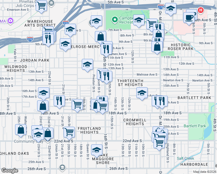 map of restaurants, bars, coffee shops, grocery stores, and more near 1430 16th Street South in St. Petersburg