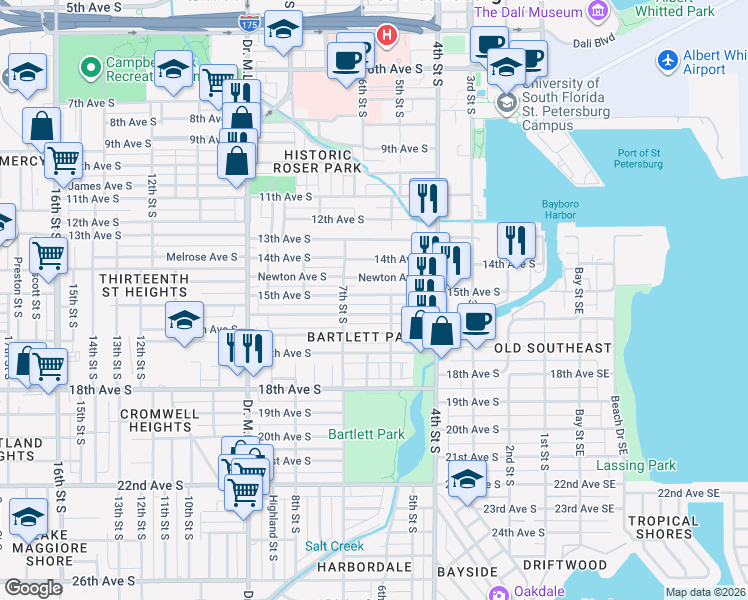 map of restaurants, bars, coffee shops, grocery stores, and more near 625 15th Avenue South in St. Petersburg