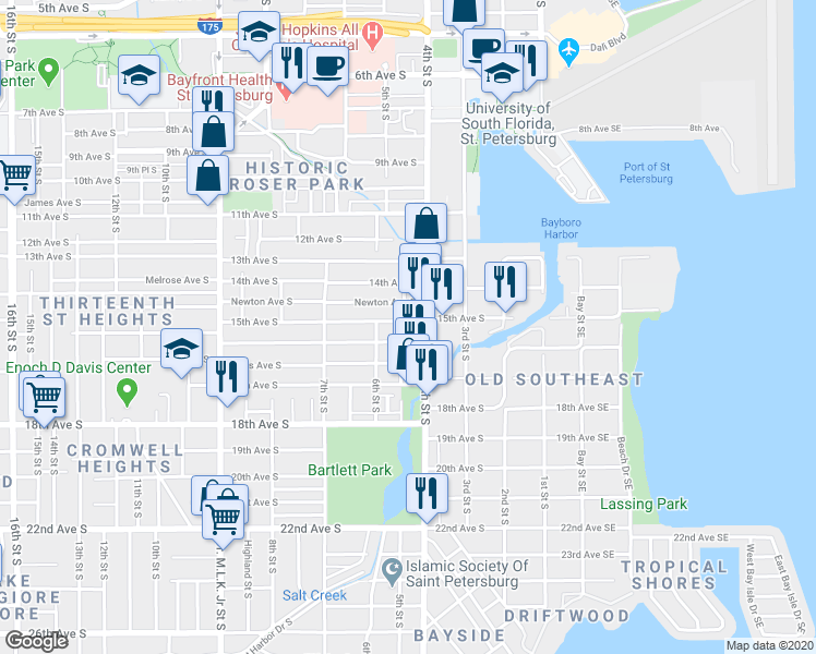 map of restaurants, bars, coffee shops, grocery stores, and more near 1443 5th Street South in St. Petersburg