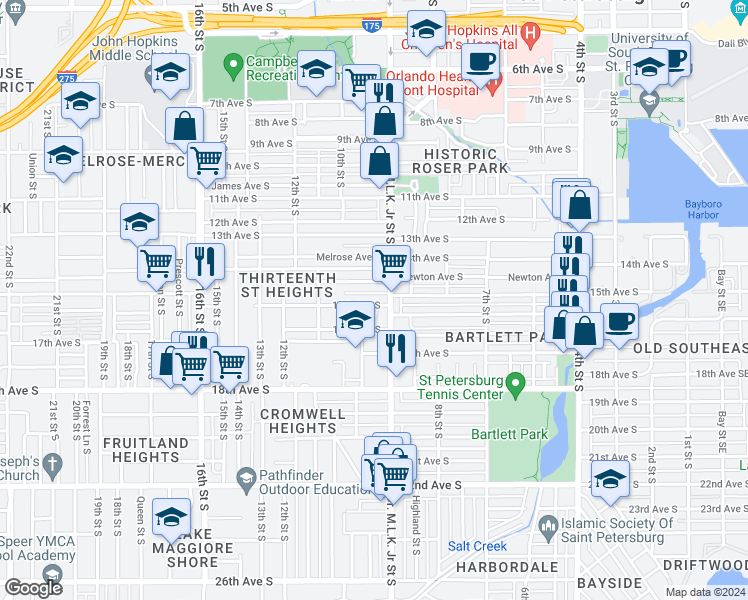 map of restaurants, bars, coffee shops, grocery stores, and more near 1441 Doctor Martin Luther King Junior Street South in St. Petersburg