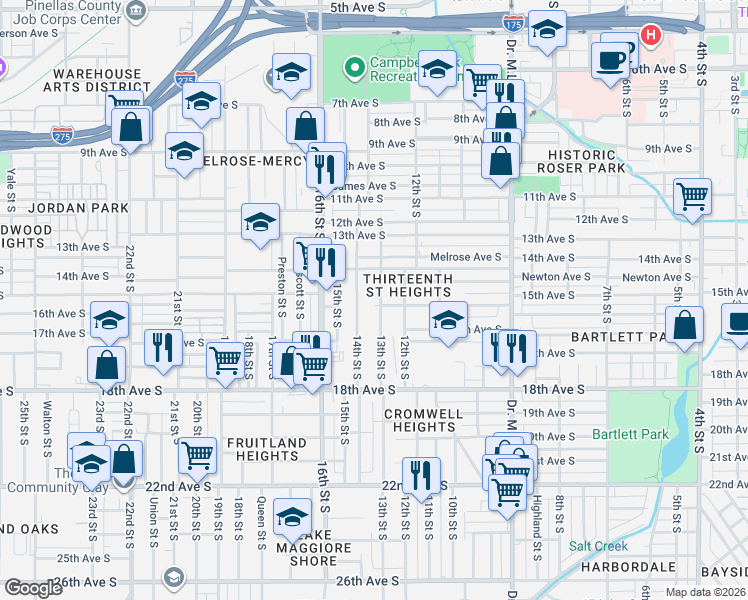 map of restaurants, bars, coffee shops, grocery stores, and more near 1428 14th Street South in St. Petersburg