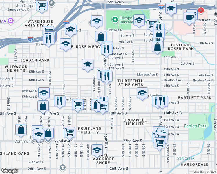 map of restaurants, bars, coffee shops, grocery stores, and more near 1430 16th Street South in St. Petersburg