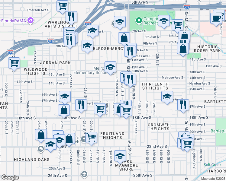 map of restaurants, bars, coffee shops, grocery stores, and more near 1753 15th Avenue South in St. Petersburg