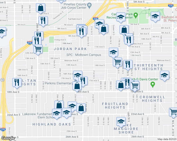map of restaurants, bars, coffee shops, grocery stores, and more near 2155 14th Avenue South in St. Petersburg
