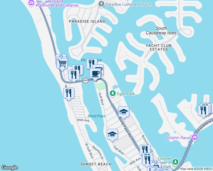 map of restaurants, bars, coffee shops, grocery stores, and more near 9301 - 9375 Blind Pass Road in St. Pete Beach