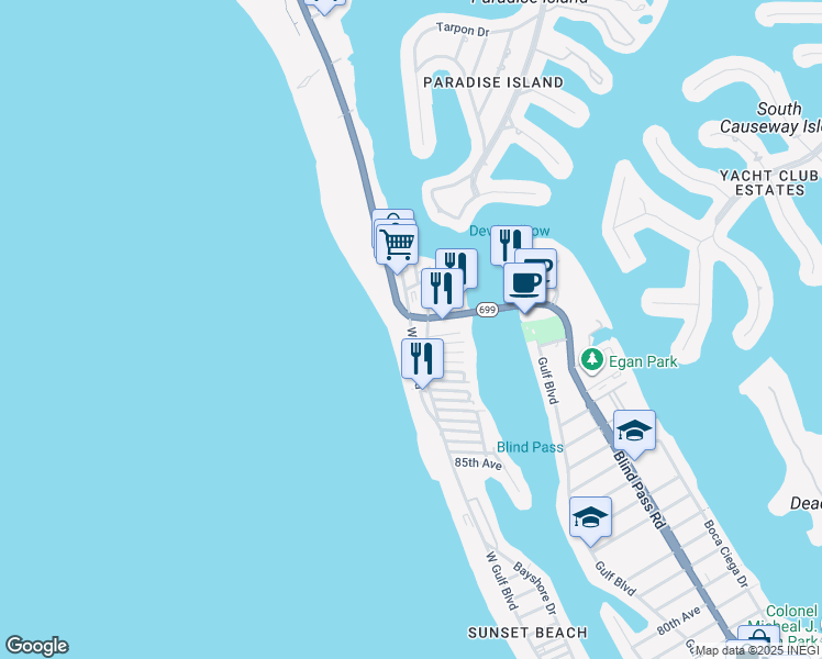 map of restaurants, bars, coffee shops, grocery stores, and more near 9700 Harrell Avenue in Treasure Island