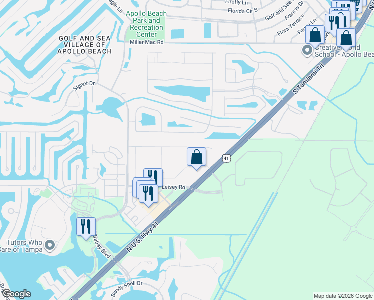 map of restaurants, bars, coffee shops, grocery stores, and more near 5625 Sunset Falls Drive in Apollo Beach
