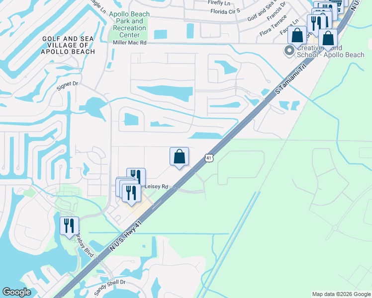 map of restaurants, bars, coffee shops, grocery stores, and more near 116 Bright Ibis Avenue in Apollo Beach