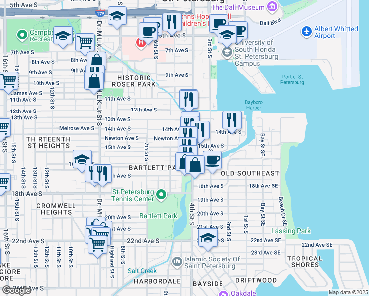 map of restaurants, bars, coffee shops, grocery stores, and more near 1443 5th Street South in St. Petersburg