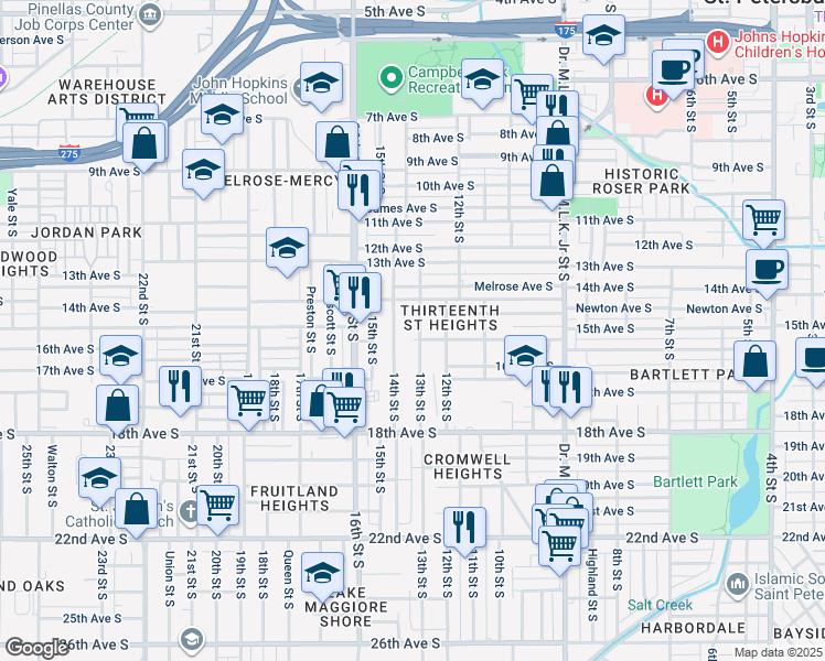 map of restaurants, bars, coffee shops, grocery stores, and more near 1428 14th Street South in St. Petersburg