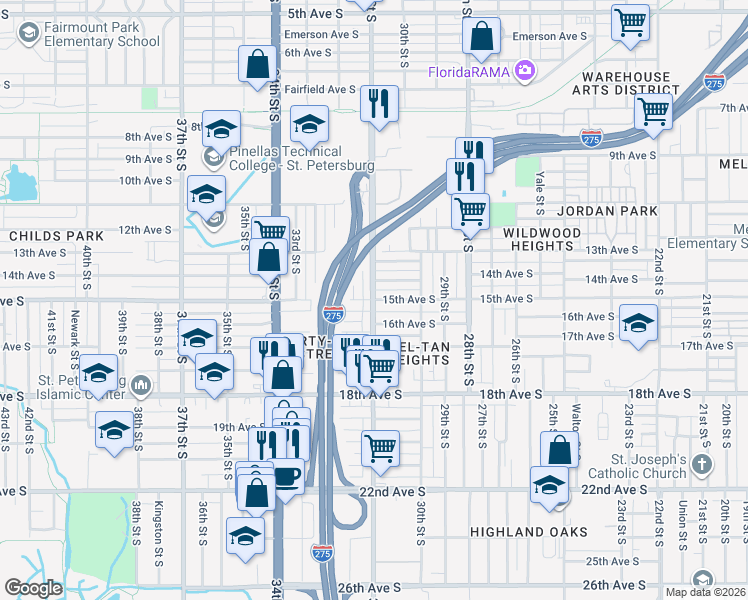 map of restaurants, bars, coffee shops, grocery stores, and more near 1439 31st Street South in St. Petersburg