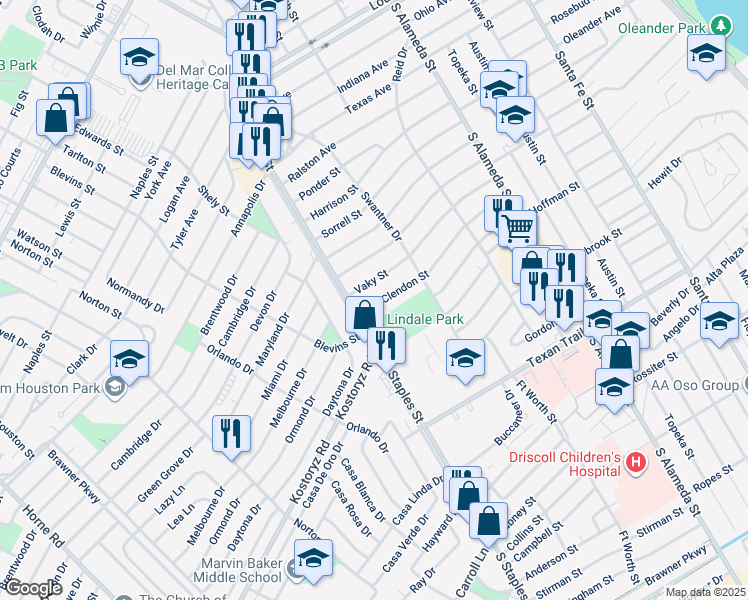 map of restaurants, bars, coffee shops, grocery stores, and more near 1049 Vaky Street in Corpus Christi