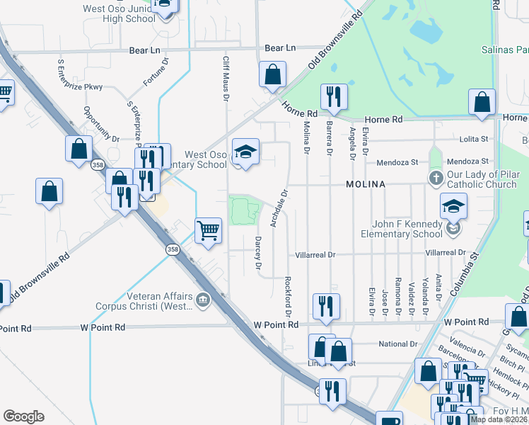 map of restaurants, bars, coffee shops, grocery stores, and more near 1702 Darcey Drive in Corpus Christi