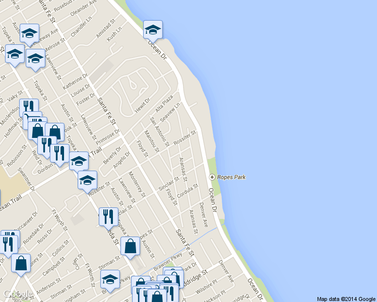 map of restaurants, bars, coffee shops, grocery stores, and more near 201 Santa Barbara Street in Corpus Christi