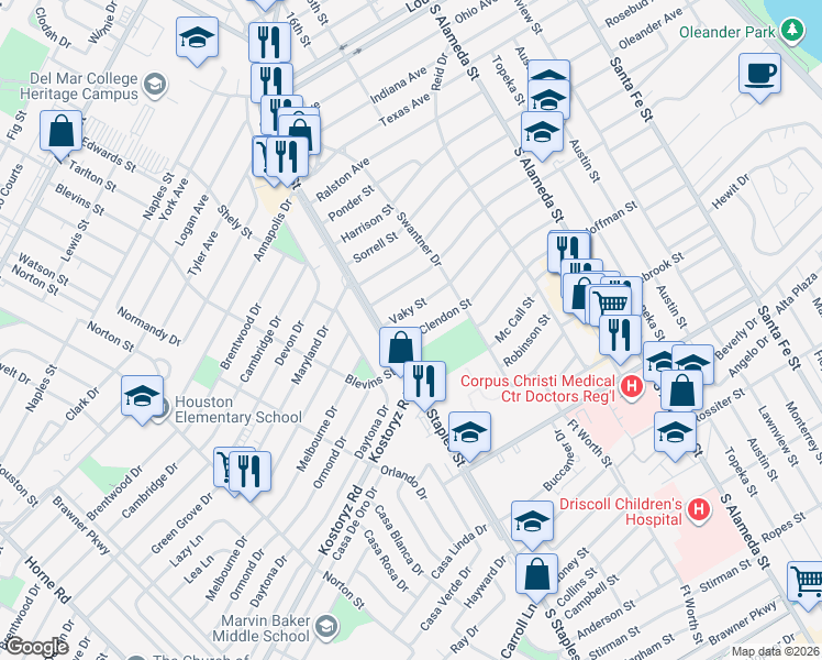 map of restaurants, bars, coffee shops, grocery stores, and more near 1049 Vaky Street in Corpus Christi