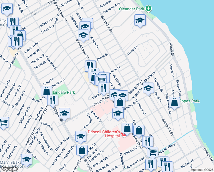 map of restaurants, bars, coffee shops, grocery stores, and more near 3234 South Alameda Street in Corpus Christi