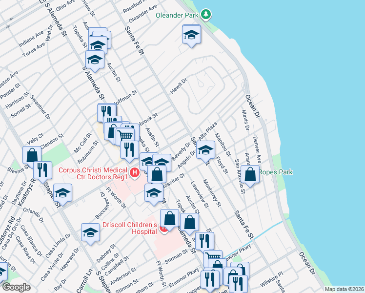 map of restaurants, bars, coffee shops, grocery stores, and more near 314 Beverly Drive in Corpus Christi