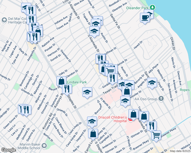 map of restaurants, bars, coffee shops, grocery stores, and more near 601 Robinson Street in Corpus Christi