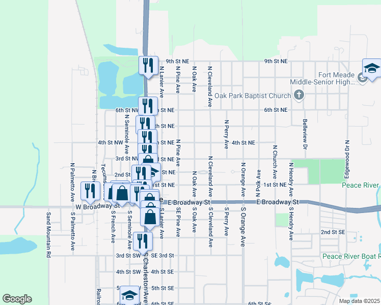 map of restaurants, bars, coffee shops, grocery stores, and more near 313 North Oak Avenue in Fort Meade