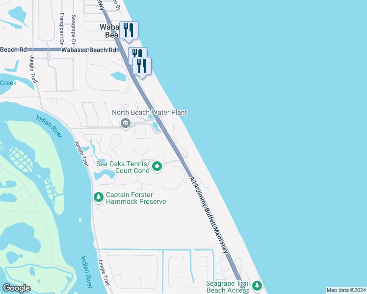 map of restaurants, bars, coffee shops, grocery stores, and more near 8860 North Sea Oaks Way in Vero Beach