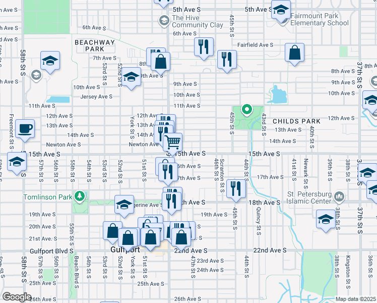 map of restaurants, bars, coffee shops, grocery stores, and more near 4719 15th Avenue South in St. Petersburg