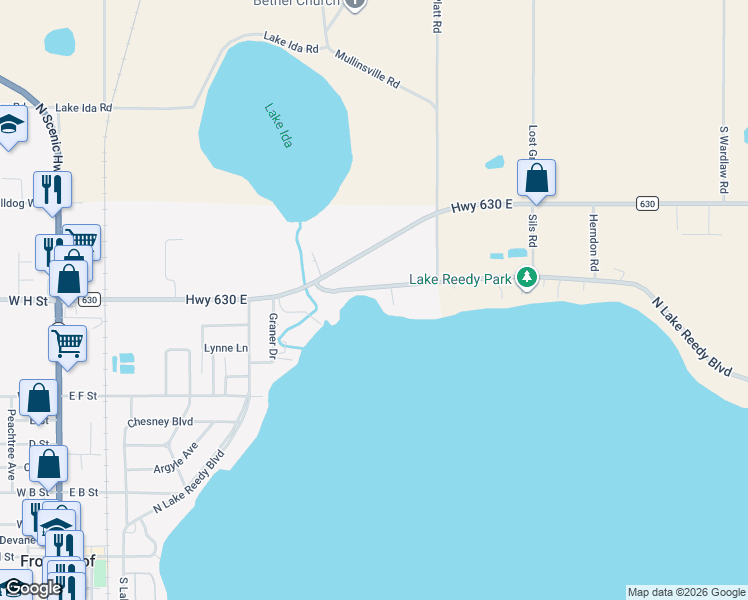 map of restaurants, bars, coffee shops, grocery stores, and more near 733 North Lake Reedy Boulevard in Frostproof