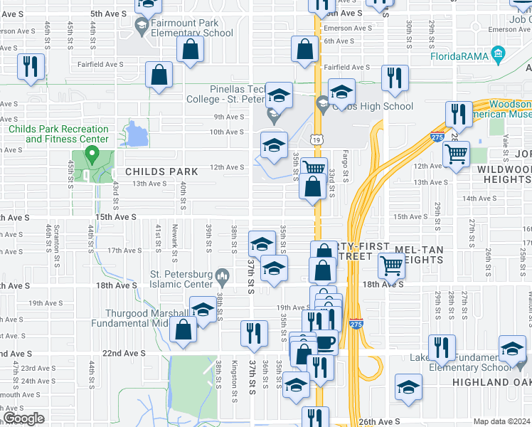 map of restaurants, bars, coffee shops, grocery stores, and more near 3611 15th Avenue South in St. Petersburg
