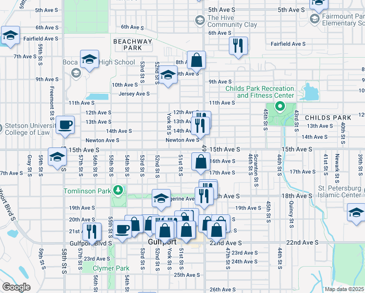 map of restaurants, bars, coffee shops, grocery stores, and more near 4942 Newton Avenue South in Gulfport