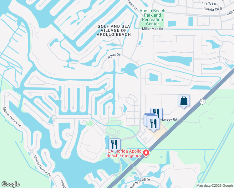map of restaurants, bars, coffee shops, grocery stores, and more near 5716 Tides Place in Apollo Beach