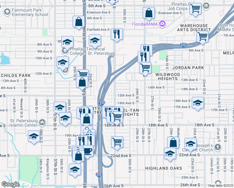 map of restaurants, bars, coffee shops, grocery stores, and more near 1439 31st Street South in St. Petersburg