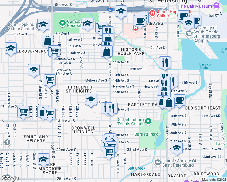 map of restaurants, bars, coffee shops, grocery stores, and more near 1448 Highland Street South in St. Petersburg
