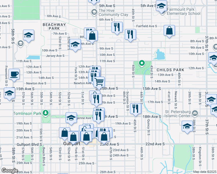 map of restaurants, bars, coffee shops, grocery stores, and more near 4719 15th Avenue South in St. Petersburg