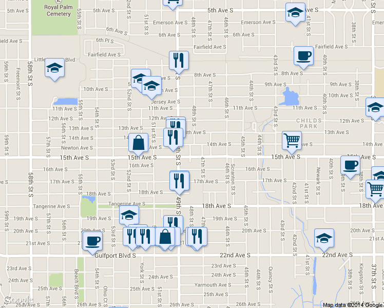 map of restaurants, bars, coffee shops, grocery stores, and more near 4719 15th Avenue South in St. Petersburg