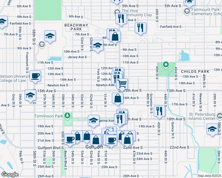 map of restaurants, bars, coffee shops, grocery stores, and more near 4942 Newton Avenue South in Gulfport