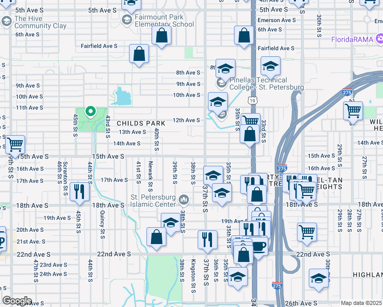 map of restaurants, bars, coffee shops, grocery stores, and more near 3801 15th Avenue South in St. Petersburg
