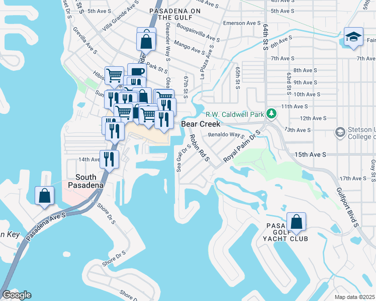 map of restaurants, bars, coffee shops, grocery stores, and more near 6805 Sea Gull Drive South in Saint Petersburg