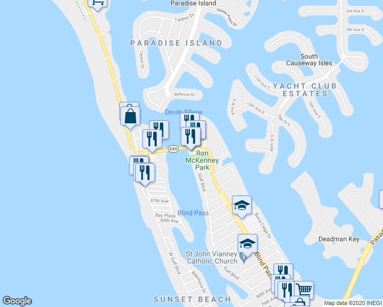 map of restaurants, bars, coffee shops, grocery stores, and more near 9524 Blind Pass Road in St. Pete Beach