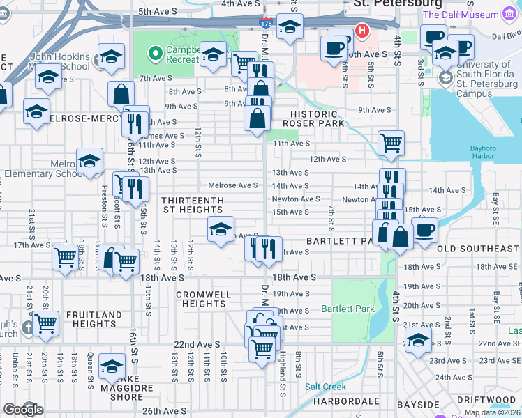 map of restaurants, bars, coffee shops, grocery stores, and more near 1441 Doctor Martin Luther King Junior Street South in St. Petersburg