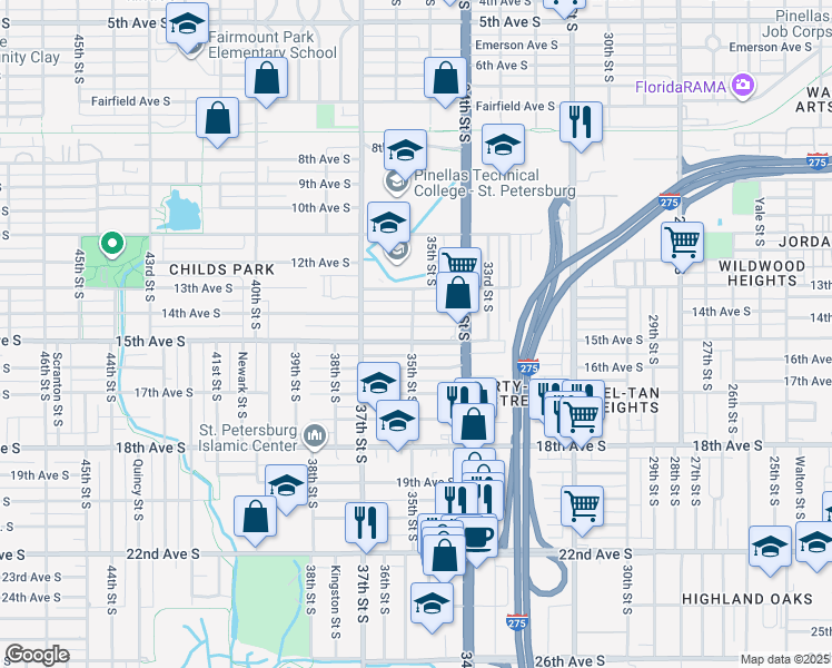 map of restaurants, bars, coffee shops, grocery stores, and more near 3499 15th Avenue South in St. Petersburg