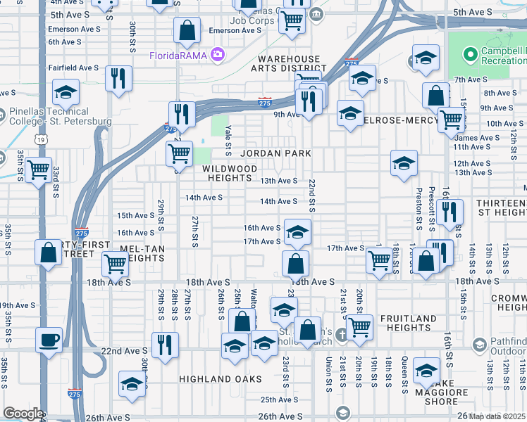 map of restaurants, bars, coffee shops, grocery stores, and more near 2473 15th Avenue South in St. Petersburg