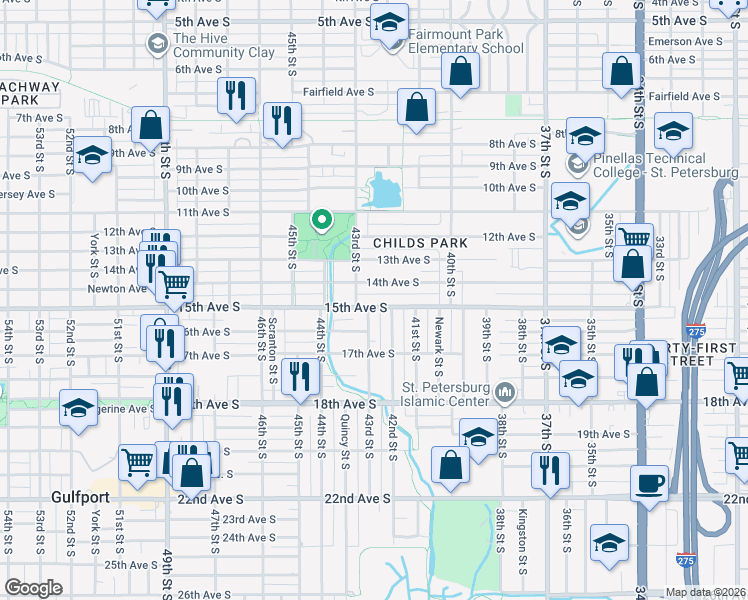 map of restaurants, bars, coffee shops, grocery stores, and more near 4211 15th Avenue South in St. Petersburg