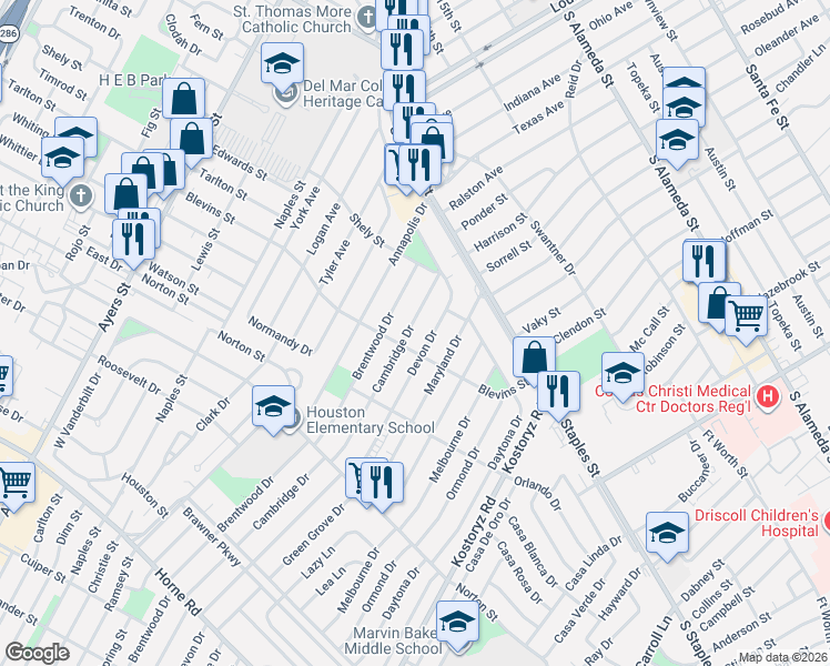 map of restaurants, bars, coffee shops, grocery stores, and more near 1238 Cambridge Drive in Corpus Christi