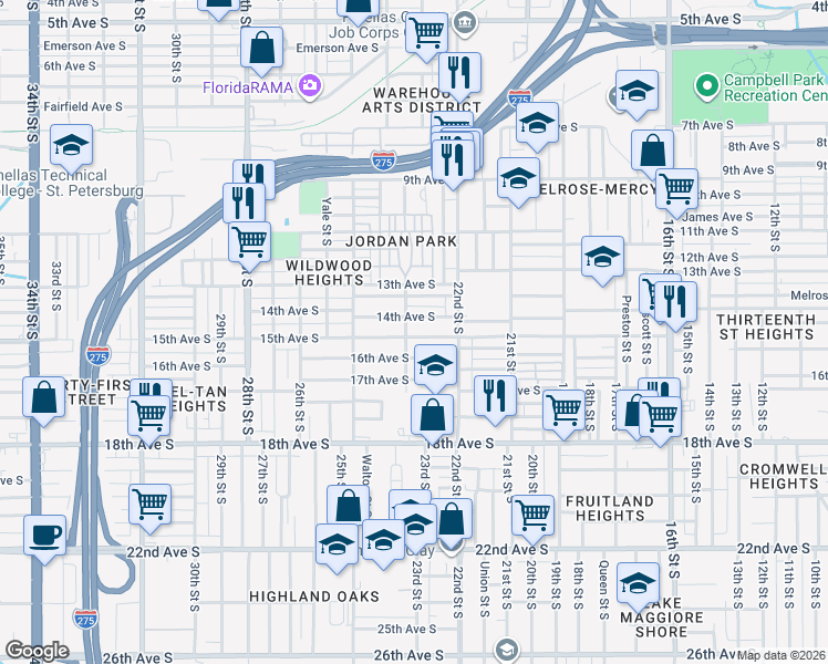 map of restaurants, bars, coffee shops, grocery stores, and more near 2347 15th Avenue South in St. Petersburg