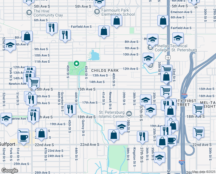 map of restaurants, bars, coffee shops, grocery stores, and more near 4101 15th Avenue South in St. Petersburg