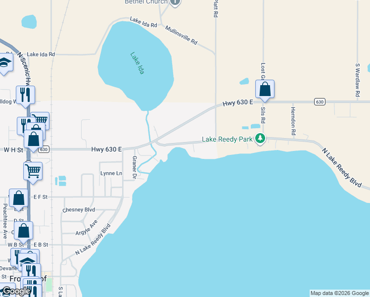 map of restaurants, bars, coffee shops, grocery stores, and more near 733 North Lake Reedy Boulevard in Frostproof