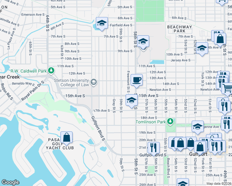 map of restaurants, bars, coffee shops, grocery stores, and more near 1413 59th Street South in Gulfport