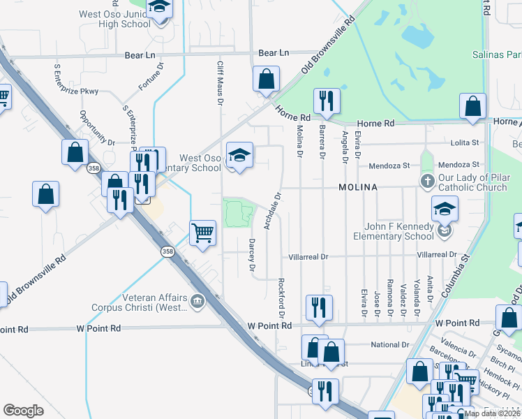 map of restaurants, bars, coffee shops, grocery stores, and more near 1702 Darcey Drive in Corpus Christi